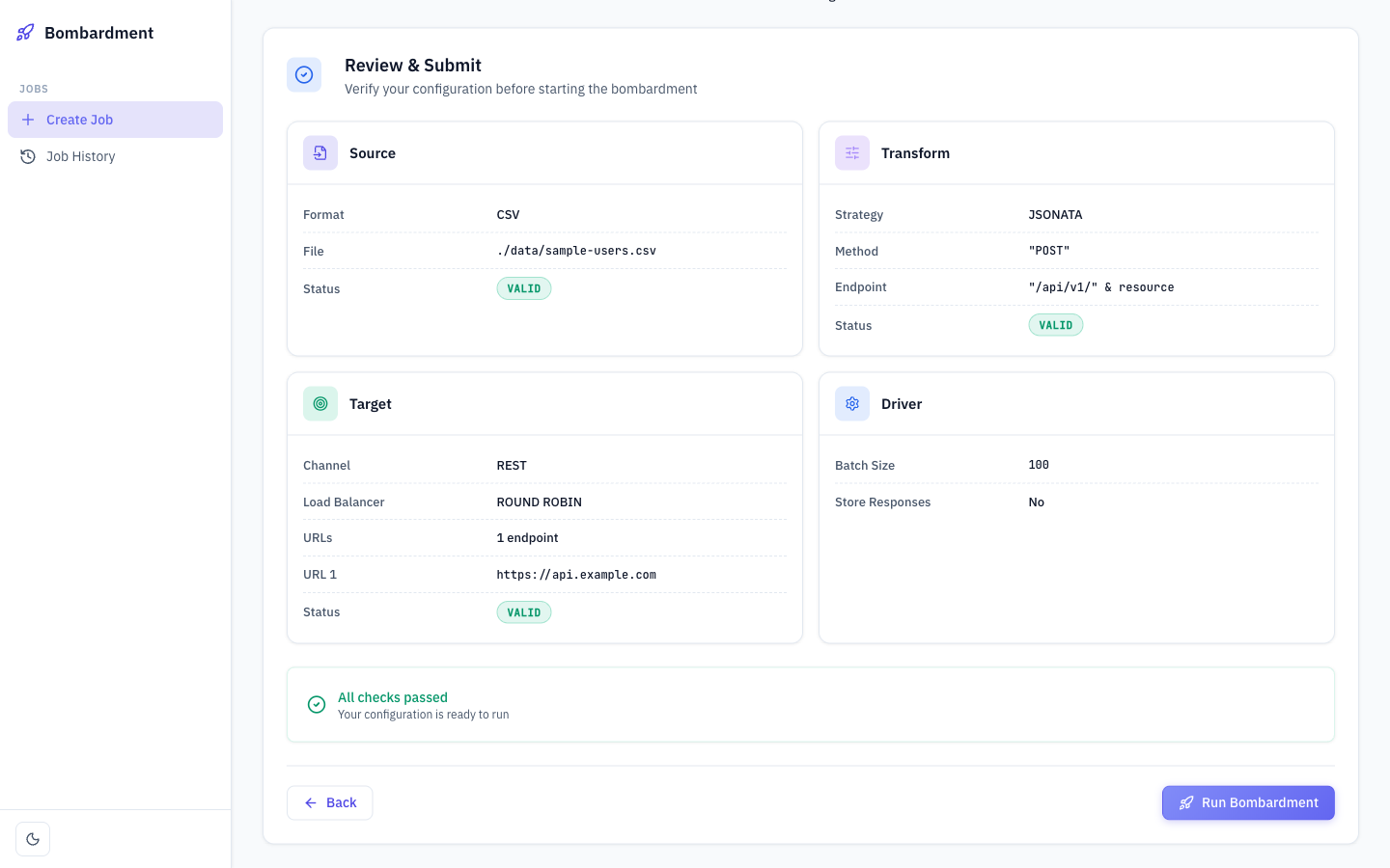 Review step — verify all configuration before running the bombardment