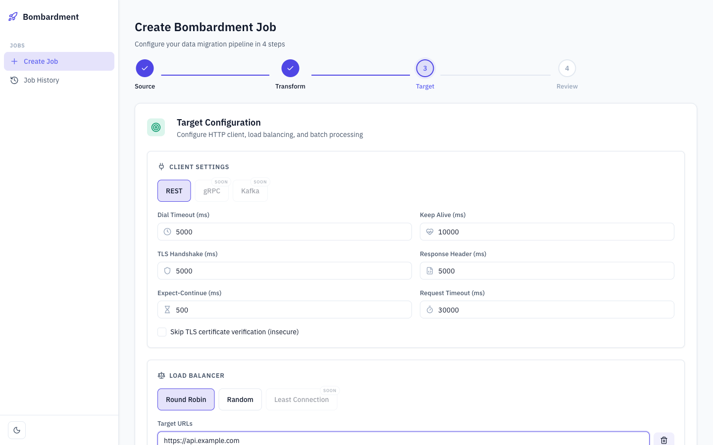 Target configuration step — configure HTTP client, load balancing, and batch processing