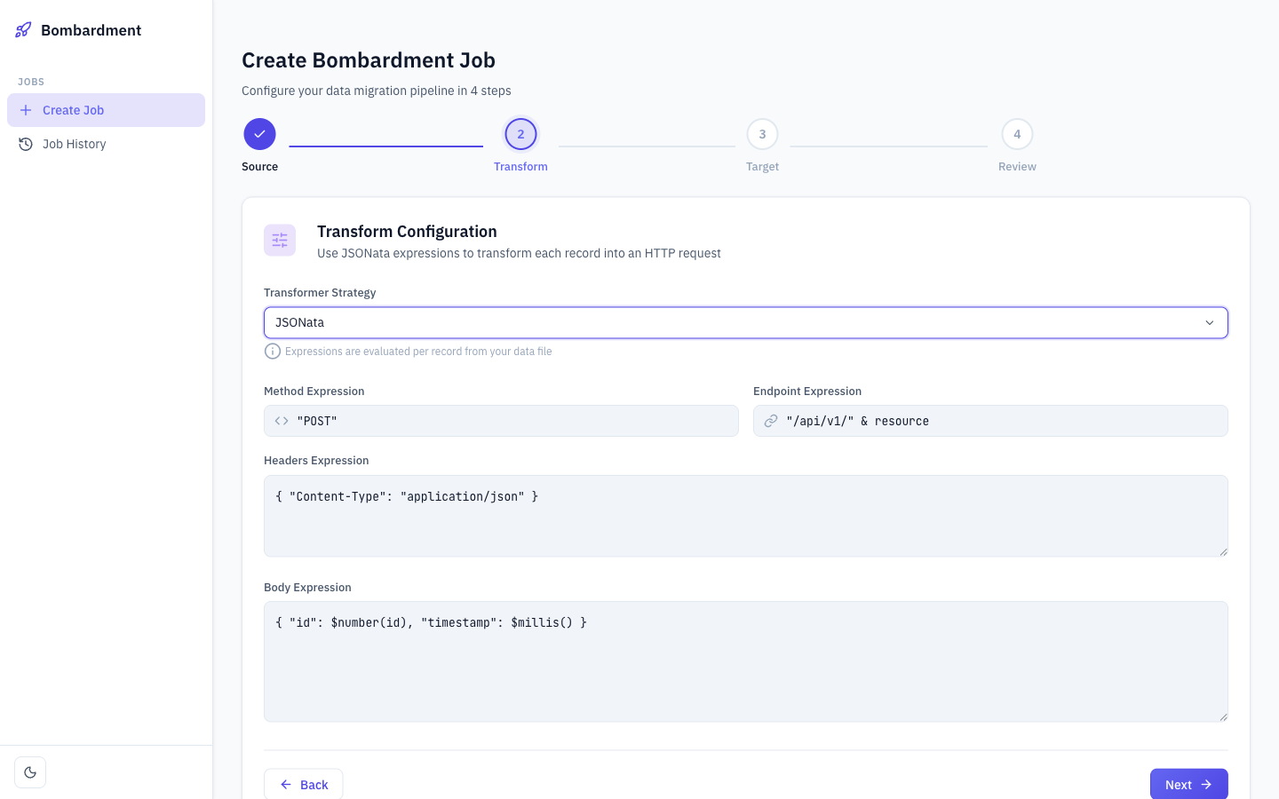 Transform configuration step — define JSONata expressions for method, endpoint, headers, and body